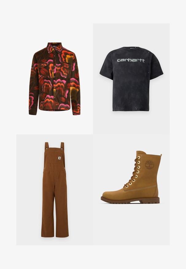 Camisa de forro marrón con un vibrante patrón floral en rosa, naranja y amarillo. Presenta un cuello tipo polo, dos bolsillos en el pecho y cierres de botones.; Camiseta negra con diseño tie-dye, confeccionada en algodón. Presenta mangas cortas, cuello redondo y un gran logo gris en la parte frontal. Detalles sutiles desgastados.; Mono marrón de pernera ancha con tirantes ajustables, bolsillo en el pecho con el logotipo de la marca y botones de presión laterales.; Bota de cuero marrón con cordones, ojales dorados, cuello acolchado, suela texturizada y detalle de logo grabado en el lateral.