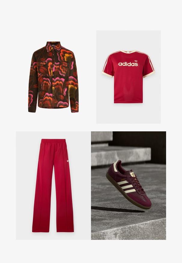 Bruine fleece shirt met een levendig bloemenpatroon in roze, oranje en geel. Heeft een gekleed kraag, twee borstzakken en knoopsluitingen.; Rood Adidas mesh t-shirt met beige bies aan de kraag, mouwen en de drie strepen op de schouders, met Adidas-logo en tekst op de voorkant.; Rode trainingsbroek met wijd uitlopende pijpen, elastische tailleband, zijzakken met rits, witte strepen aan de zijkanten en een klein wit logo op de linker dij.; Bordeauxrode sneaker met getextureerd leer, drie witte strepen en gouden accenten. Rubberen zool, klassiek Samba-ontwerp en ademende mesh details.