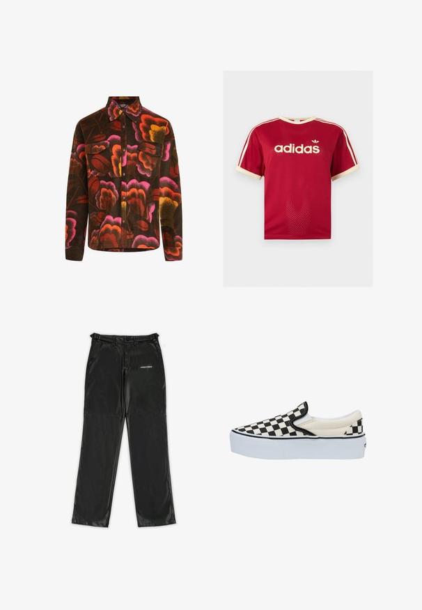 Braunes Fleece-Hemd mit lebhaftem Blumenmuster in Pink, Orange und Gelb. Mit Kragen, zwei Brusttaschen und Knopfverschlüssen.; Rotes Adidas Mesh-T-Shirt mit beigem Besatz am Kragen, an den Ärmeln und den drei Streifen auf den Schultern, mit Adidas-Logo und Schriftzug auf der Vorderseite.; Schwarze Kunstlederhosen mit einem eleganten Design, einschließlich eines Logos auf der linken Seite, geraden Beinen und traditionellen Gürtelschlaufen.; Schwarz-weiß kariertes Slipper-Schuhmodell mit einer weißen Sohle, ausgestattet mit einem Obermaterial aus Canvas und elastischen seitlichen Akzenten für ein einfaches Anziehen.