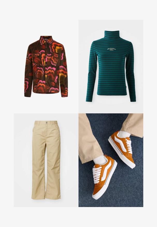 Brun fleece-skjorte med et levende blomstermønster i pink, orange og gul. Har krave, to brystlommer og knaplukninger.; Langærmet turtleneck top i teal med mørkeblå vandrette striber. Har et lille hvidt og guld logo på brystet. Blødt, strækbart stof.; Beige bomuldsbukser med brede ben og en glat tekstur, der har forlommer og en sølvknap i taljen.; Orange lærredssneakers med hvide detaljer og snøre-design, med en tekstureret overflade og en lavprofil hvid gummisål.