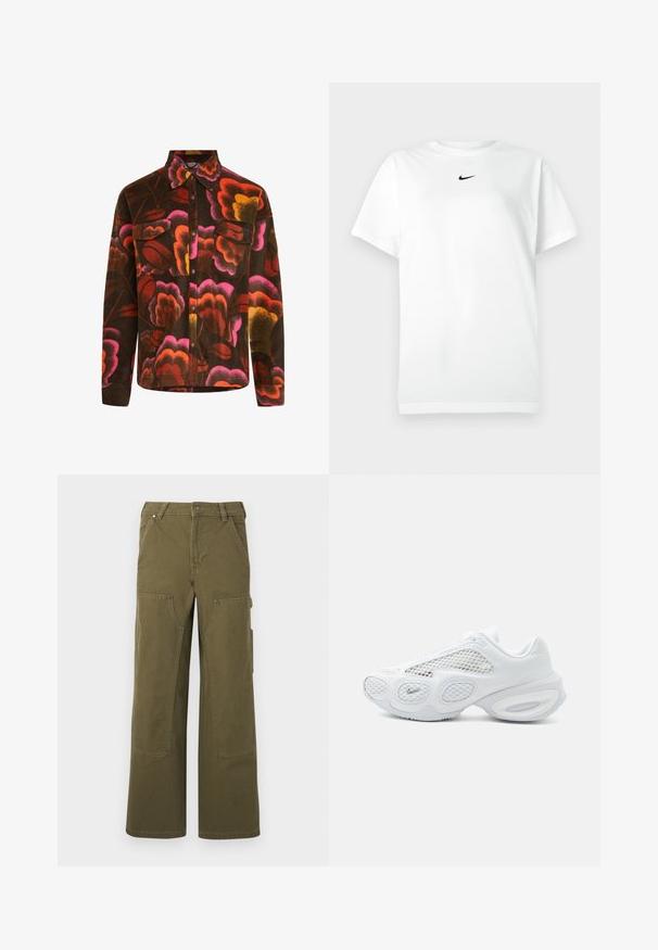 Camisa de forro marrón con un vibrante patrón floral en rosa, naranja y amarillo. Presenta un cuello tipo polo, dos bolsillos en el pecho y cierres de botones.; Camiseta de manga corta blanca con cuello redondo y pequeño logo de Nike en negro centrado debajo del escote.; Pantalones cargo en verde oliva, fabricados en un material duradero, con piernas anchas, múltiples bolsillos y detalles metálicos para mayor funcionalidad.; Zapatilla deportiva blanca con paneles de malla, diseño de suela redondeada y pequeño logo de Nike cerca de la puntera sobre un fondo liso y claro.