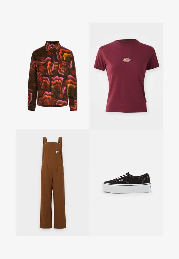 Brun fleece-skjorte med et levende blomstermønster i pink, orange og gul. Har krave, to brystlommer og knaplukninger.; Bordeaux kortærmet t-shirt lavet af bomuld med rund halsudskæring og et lille multicoloreret "Dickies" logo på brystet.; Brune vidde buksedragter med justerbare skulderstropper, brystlomme med mærkelogo og sidelås med trykknapper.; Sort lærred sneakers med en hvid gummi platform sål, der har hvide snørebånd og syninger, ikonisk branding på siden, lav-top design.