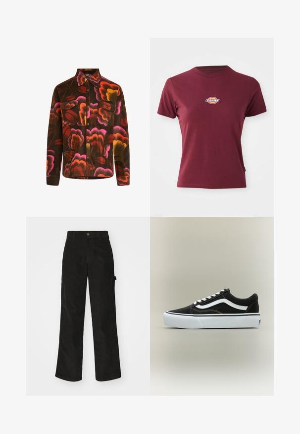 Brun fleece-skjorte med et levende blomstermønster i pink, orange og gul. Har krave, to brystlommer og knaplukninger.; Bordeaux kortærmet t-shirt lavet af bomuld med rund halsudskæring og et lille multicoloreret "Dickies" logo på brystet.; Sorte kordfløjsbukser med et lige ben-design, der har en knaplukning og sidelommer. Glat tekstur med fine lodrette striber.; Vans OLD SKOOL PLATFORM - Sneakers - black/white