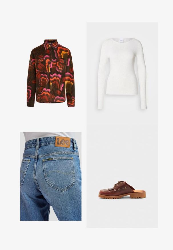 Braunes Fleece-Hemd mit lebhaftem Blumenmuster in Pink, Orange und Gelb. Mit Kragen, zwei Brusttaschen und Knopfverschlüssen.; Weißes Langarm-T-Shirt aus weichem, leichtem Stoff mit rundem Ausschnitt und schlanker Passform, das eine dezente Textur aufweist.; Blaue Jeans aus Denim mit Gesäßtaschen, die gelbe Nähte und ein braunes Lederpatch der Marke Lee am Bund aufweisen.; Braune Leder-Slipper im Mokassin-Stil, mit dekorativen Schnürungen, goldenen Ösen und einer strukturierten Gummisohle.