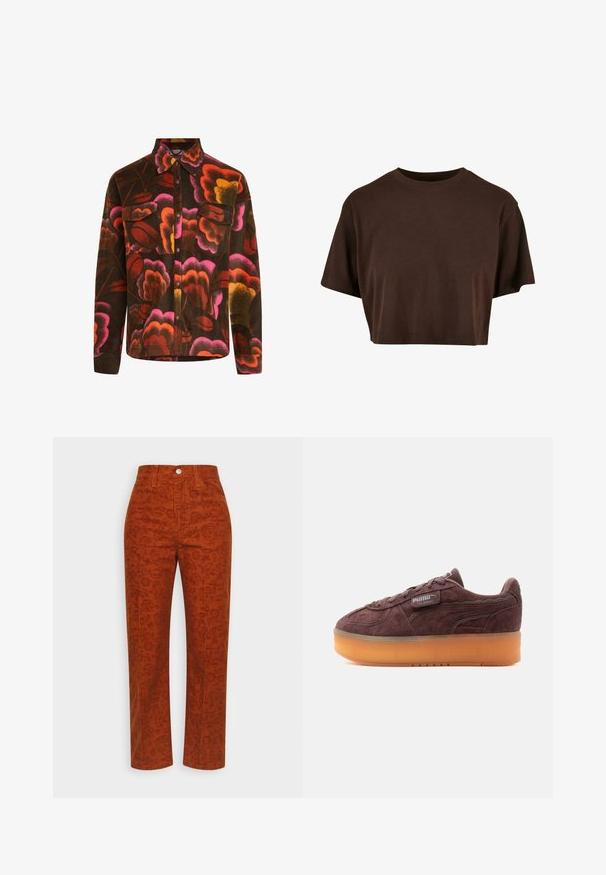 Brun fleece-skjorte med et levende blomstermønster i pink, orange og gul. Har krave, to brystlommer og knaplukninger.; Brun cropped t-shirt lavet af blød bomuld. Har en rund halsudskæring og korte ærmer. Enkel, afslappet pasform uden særlige mønstre eller detaljer.; Rustfarvede kordfløjspants i lige ben-design, med et struktureret mønster, fem-lomme stil og frontlukning med knap.; Brun ruskinds-Puma Palermo-sneaker med tyk, gennemsigtig orange sål og syet logomærkat på siden.