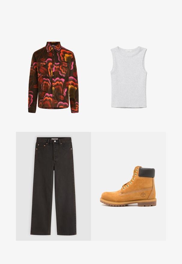 Brun fleece-skjorte med et levende blomstermønster i pink, orange og gul. Har krave, to brystlommer og knaplukninger.; Ærmeløs lysegrå cropped tanktop med rund halsudskæring, lavet af blødt strikstof.; Sorte straight-leg denim jeans med fem lommer og kobber nitter, vist fladt på en lysegrå baggrund.; Brune læder ankelstøvle med sort polstring, gyldne øsken og en tekstureret sål. Har et cirkulært logo på siden og synlige syninger.