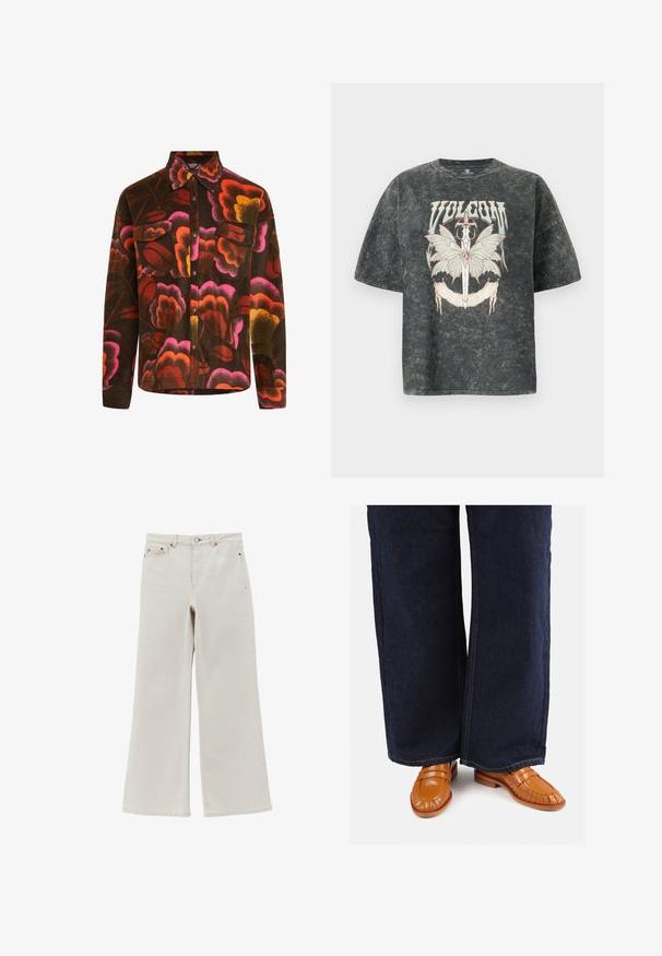 Bruine fleece shirt met een levendig bloemenpatroon in roze, oranje en geel. Heeft een gekleed kraag, twee borstzakken en knoopsluitingen.; Volcom VOLTRIP TEE - T-shirt print - vintage black; Off-white wijde jeans met hoge taille, knoopsluiting aan de voorkant, rits en vijf zakken.; Tanskleurige leren loafers met een gestructureerd, geplooid ontwerp, gecombineerd met donkerblauwe wijde jeans met contrasterende stiksels.