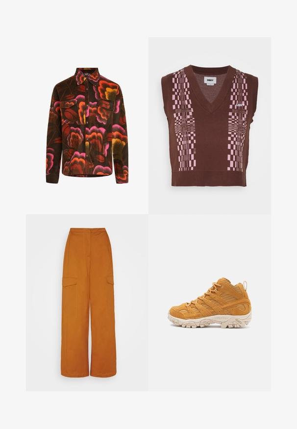 Brun fleece-skjorte med et levende blomstermønster i pink, orange og gul. Har krave, to brystlommer og knaplukninger.; Obey Clothing MELISSA VEST - Top - sepia/multi; 87Origins TROUSERS - Cargobukser - ginger; Høje vandresko i sennepsgul ruskind, med strukturerede overlays, en forstærket tåhætte og en cremet gummisål.