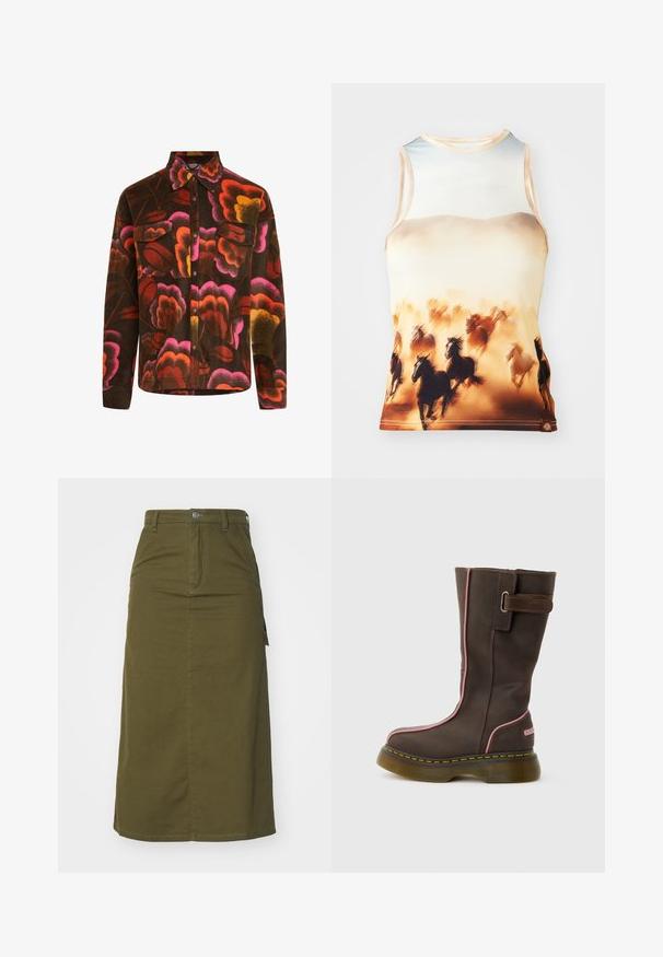 Brun fleece-skjorte med et levende blomstermønster i pink, orange og gul. Har krave, to brystlommer og knaplukninger.; Ærmeløs tanktop med et print af løbende heste i brune og cremefarvede nuancer, lavet af glat stof med rund halsudskæring og tætsiddende design.; Oliven grøn bomulds midi nederdel med lige snit, knaplukning, to sidelommer og en let split i kanten for bedre bevægelsesfrihed.; Brun læderstøvle til midt på læggen med pink kant, tyk gennemsigtig sål, gul syning og en sidelommerem med metalspænde.