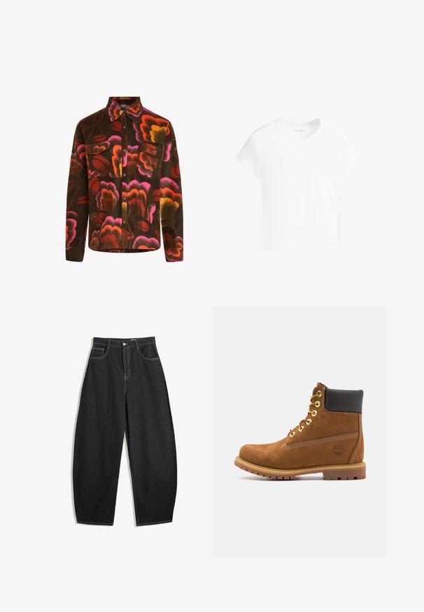 Bruine fleece shirt met een levendig bloemenpatroon in roze, oranje en geel. Heeft een gekleed kraag, twee borstzakken en knoopsluitingen.; Effen witte korte mouw cropped t-shirt met ronde hals, weergegeven op een witte achtergrond.; Zwarte denim wijde pijpenbroek met een hoge taille, voorzien van gele stiksels, twee voorkruiken en een enkele knoopsluiting.; Bruine suède enkellaars met zwarte gewatteerde kraag, gouden oogjes, vetersluiting aan de voorkant en een rubberen zool met een gestructureerd patroon.