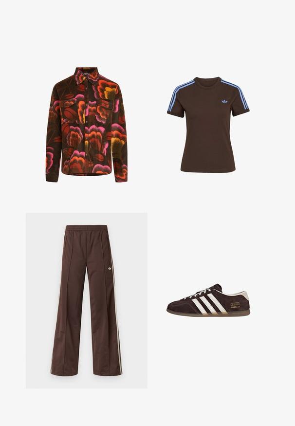 Camisa de forro marrón con un vibrante patrón floral en rosa, naranja y amarillo. Presenta un cuello tipo polo, dos bolsillos en el pecho y cierres de botones.; Camiseta marrón de manga corta con tres rayas azul claro en los hombros y pequeño logo de Adidas azul claro en el pecho izquierdo.; Pantalones deportivos marrones con diseño de pierna ancha, franjas laterales blancas, cintura elástica y dos bolsillos laterales. Presentan un pequeño logo en la pierna.; Zapatillas de ante marrón con tres rayas blancas, suela de goma y etiqueta con texto "Gazelle" en dorado. Diseño con cordones grises.
