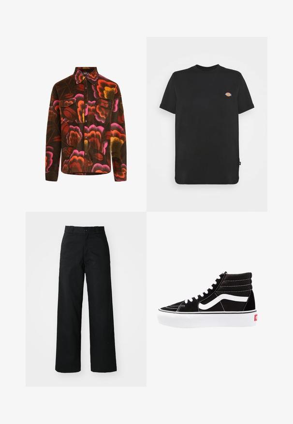 Braunes Fleece-Hemd mit lebhaftem Blumenmuster in Pink, Orange und Gelb. Mit Kragen, zwei Brusttaschen und Knopfverschlüssen.; Schwarzes Baumwoll-T-Shirt mit kurzen Ärmeln, Rundhalsausschnitt und einem bunten Logo auf der linken Brust. Gerader Saum mit seitlichem Etikettendetail.; Schwarze weit geschnittene Hose mit flachem Vorderteil, Knopfverschluss und Gürtelschlaufen. Hergestellt aus strapazierfähigem Stoff mit glatter Textur.; Schwarze High-Top-Sneaker mit weißen Schnürsenkeln, einem weißen Logo und kontrastierendem weißen Nähten. Verfügt über eine dicke weiße Sohle und ein strukturiertes Wildleder-Obermaterial.