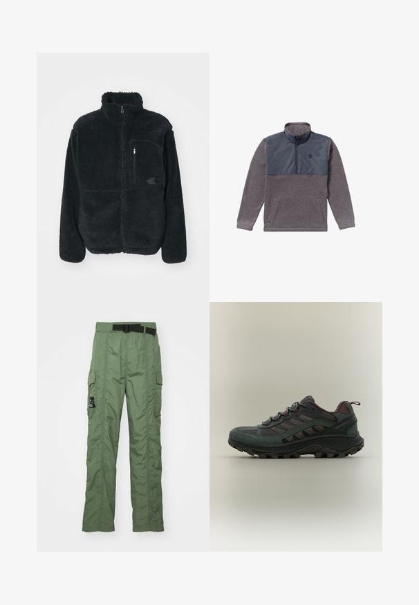 Schwarze Fleecejacke mit hohem Kragen, durchgehendem Reißverschluss und einer Brusttasche. Verfügt über eine strukturierte, weiche Oberfläche und ein Logo auf der Tasche.; Grauer Herren-Fleecepullover mit langen Ärmeln, marineblauem Nylon-Brustpaneel und Viertel-Reißverschluss am Kragen, mit zwei Fronttaschen.; Cargo-Hosen in Olivgrün, aus leichtem Material gefertigt. Mit einem schwarzen Gürtel, Cargo-Taschen an den Seiten und detailverliebt genähten Nähten.; Dunkelgrüner und brauner Merrell Wanderschuh mit Mesh- und Veloursleder-Obermaterial, dicker profillierter Sohle und Schnürverschluss, Seitenansicht vor neutralem Hintergrund.