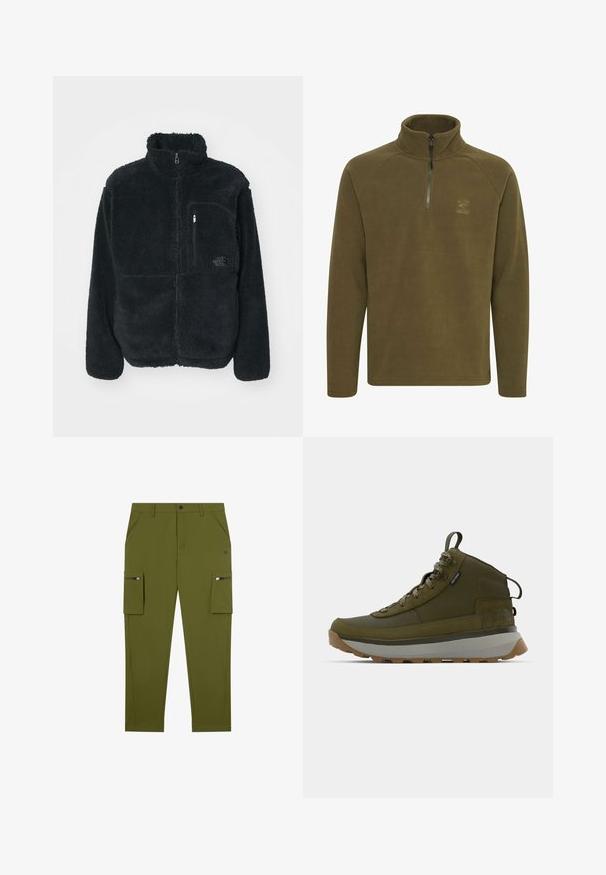 Zwarte fleecejack met hoge kraag, volledige ritssluiting en borstzak. Heeft een gestructureerd, zacht oppervlak en een logo op de zak.; Olijfgroene fleece pullover met hoge kraag, rits aan de voorkant en lange mouwen. Heeft een klein logo op de borst. Gladde textuur.; Olijf groene cargobroek met een rechte pasvorm, gemaakt van lichtgewicht stof; heeft zijzakken met ritsen en schuine voorkzakken.; Wandelboots in olijfgroen met een gestructureerde suède bovenkant, grijze tussenzool, robuuste zool en reflecterende veters voor betere zichtbaarheid.