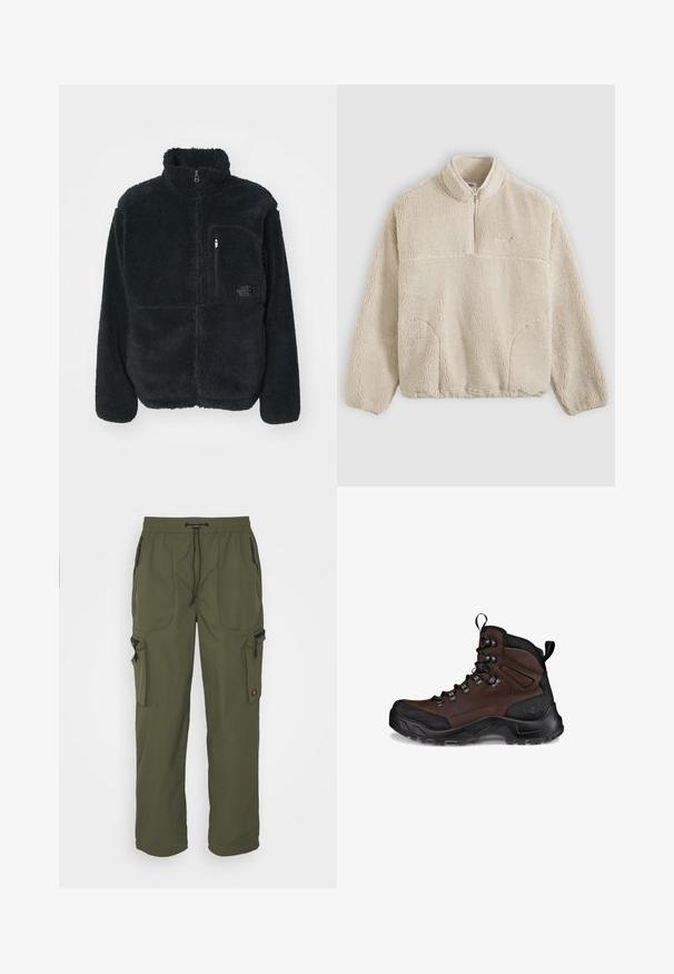 Schwarze Fleecejacke mit hohem Kragen, durchgehendem Reißverschluss und einer Brusttasche. Verfügt über eine strukturierte, weiche Oberfläche und ein Logo auf der Tasche.; Beiger Fleece-Pullover mit einem Reißverschluss am Kragen, strukturierter Oberfläche, Fronttaschen und einer horizontalen Naht über der Brust.; Olivgrüne Cargo-Hosen aus leichtem Material mit elastischem Bund, Kordelzug und mehreren Reißverschlusstaschen.; Brauner Wanderstiefel mit einem strukturierten Leder-Obermaterial, schwarzem Gummi-Zehenkappen, verstärkten Ösen und einer robusten Außensohle für Halt.