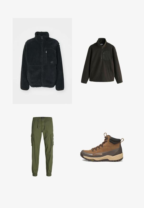 Sort fleecejakke med høj krave, fuld frontlynlås og brystlomme. Har en tekstureret, blød overflade og logo på lommen.; Fleece-pullover i mørk olivengrøn med høj krave, lynlås foran og en brystlomme med lynlås. Blød tekstur, afslappet pasform.; Olivengrønne cargo-bukser med elastisk talje, snøre, to store sidelommer og smalle ribkanter. Fremstillet af et holdbart stof.; Brun og beige vandrestøvle i mellem højde med sort polstret krave, Gore-Tex-logo, metaløjer og Vibram-ydersål.