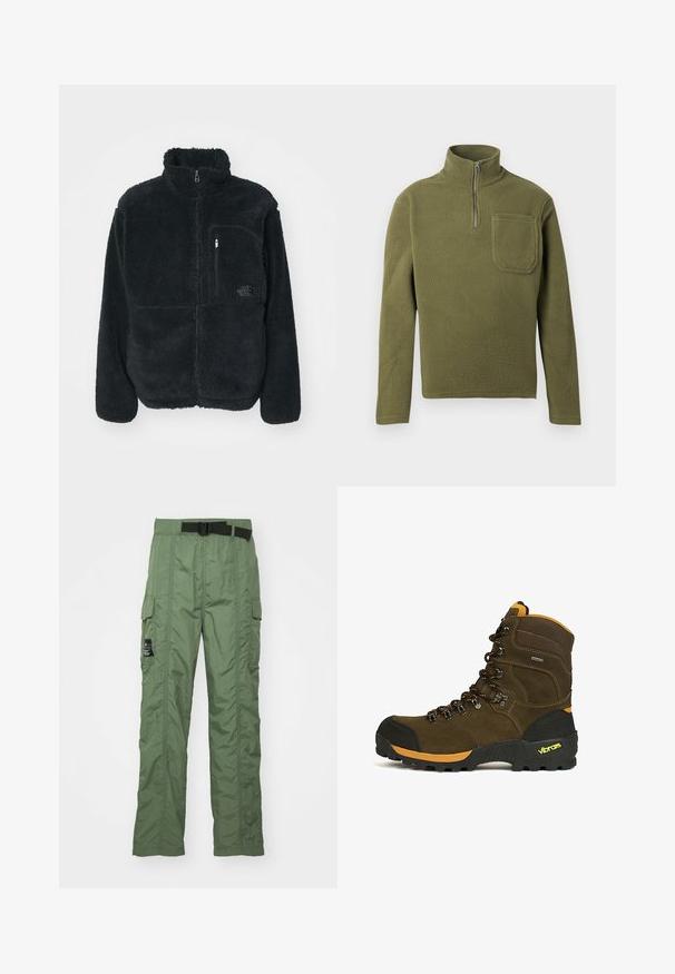 Zwarte fleecejack met hoge kraag, volledige ritssluiting en borstzak. Heeft een gestructureerd, zacht oppervlak en een logo op de zak.; Olijfgroen fleece pullover met een halve rits kraag, lange mouwen en een borstzak. Zachte textuur met een duurzaam ontwerp.; Olijfgroene cargopantalons, gemaakt van lichtgewicht stof. Voorzien van een zwarte riem, cargozakken aan de zijkanten en stikseldetails.; Bruine hoge wandelschoen met zwarte neuskap, oranje accenten, robuuste Vibram-zool en zwart-oranje veters.