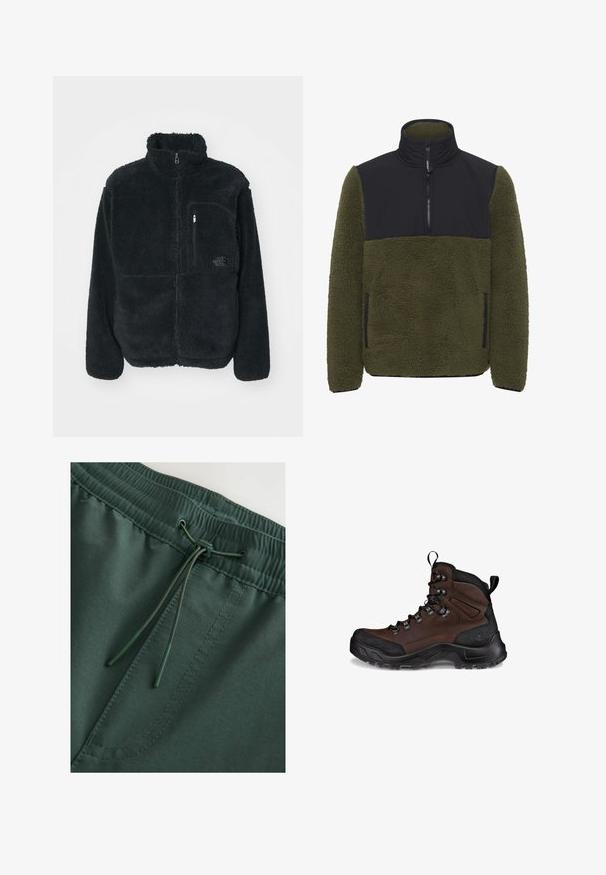 Schwarze Fleecejacke mit hohem Kragen, durchgehendem Reißverschluss und einer Brusttasche. Verfügt über eine strukturierte, weiche Oberfläche und ein Logo auf der Tasche.; Fleece-Pullover in Olivgrün mit einem schwarzen Nylon-Brustpanel. Verfügt über einen hohen Kragen, einen halbseitigen Reißverschluss und seitliche Taschen.; Dunkelgrüne Sweatshorts mit elastischem Bund und Kordelzug, glatte Textur und sichtbare Nähdetails. Schlichtes, funktionales Design.; Brauner Wanderstiefel mit einem strukturierten Leder-Obermaterial, schwarzem Gummi-Zehenkappen, verstärkten Ösen und einer robusten Außensohle für Halt.