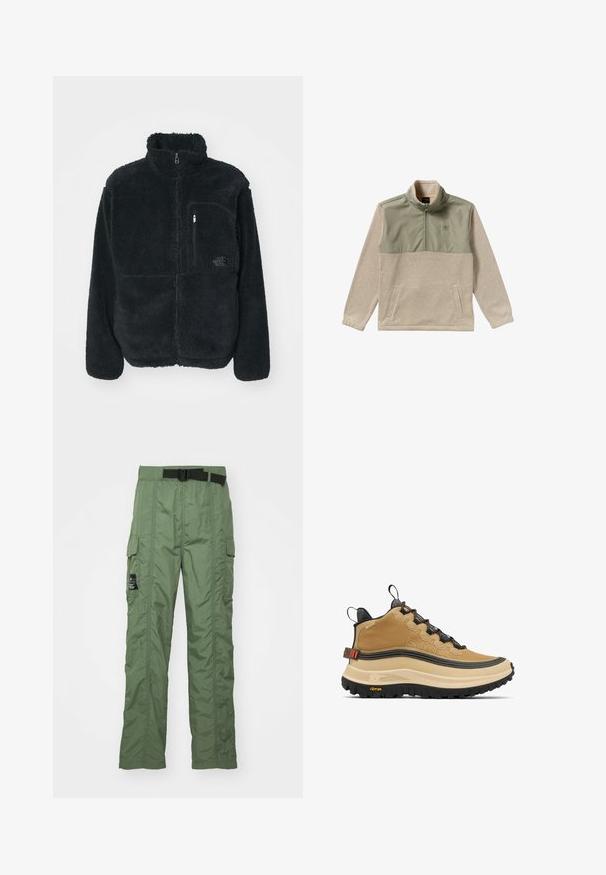 Schwarze Fleecejacke mit hohem Kragen, durchgehendem Reißverschluss und einer Brusttasche. Verfügt über eine strukturierte, weiche Oberfläche und ein Logo auf der Tasche.; Fleecepullover in Beige und Olivgrün, mit einem 1/2-Reißverschluss, hohem Kragen und zwei Seitentaschen. Glatte Textur im oberen Bereich.; Cargo-Hosen in Olivgrün, aus leichtem Material gefertigt. Mit einem schwarzen Gürtel, Cargo-Taschen an den Seiten und detailverliebt genähten Nähten.; Beige Sneaker mit hohem Schaft und strukturierter Oberfläche, markanter schwarzer Außensohle und orangen Akzenten. Mit Schnürsystem und gepolstertem Kragen für Halt.