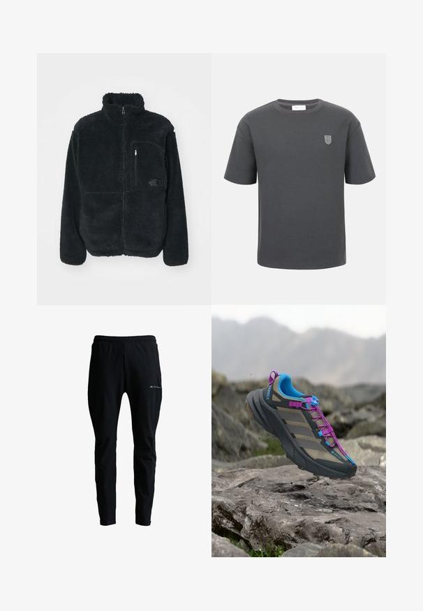 Schwarze Fleecejacke mit hohem Kragen, durchgehendem Reißverschluss und einer Brusttasche. Verfügt über eine strukturierte, weiche Oberfläche und ein Logo auf der Tasche.; Dunkelgraues T-Shirt mit kurzen Ärmeln aus Waffelstrick, Rundhalsausschnitt und kleinem weißem Schild-Logo auf der linken Brust.; Schwarze Sporthose mit elastischem Bund, zulaufenden Beinen und kleinem "Monterrain"-Logo am oberen Oberschenkel.; Trailrunning-Schuh mit grauen, blauen und violetten Details über felsigem Gelände und verschwommenem Berg-Hintergrund.
