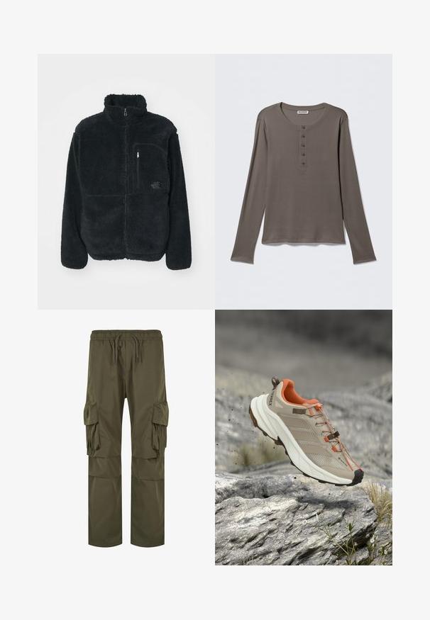 Schwarze Fleecejacke mit hohem Kragen, durchgehendem Reißverschluss und einer Brusttasche. Verfügt über eine strukturierte, weiche Oberfläche und ein Logo auf der Tasche.; Langärmeliges graues Henley-Shirt mit fünf Knöpfen und rundem Halsausschnitt, dargestellt vor einem schlichten weißen Hintergrund.; Cargo-Hosen in Olivgrün, ausgestattet mit einem elastischen Bund mit Kordelzug, mehreren seitlichen Taschen und einer lockeren Passform mit gefältelten Details.; Beiger und oranger Wanderschuh mit dicker Sohle, GORE-TEX-Label und "TERREX"-Branding, gezeigt über felsigem Gelände.