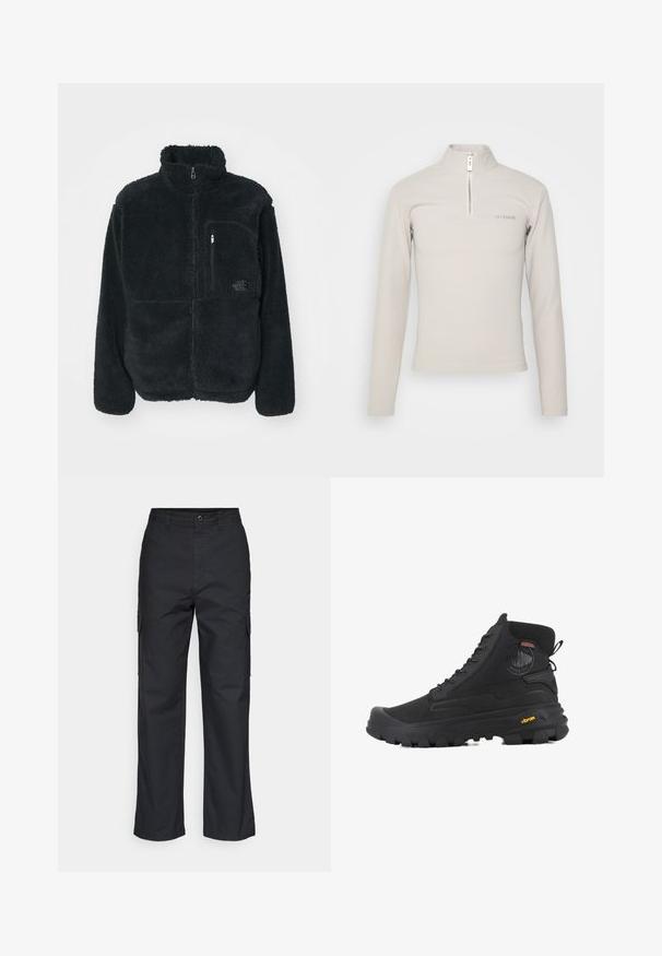 Mustmustükk musta fliisikatega, millel on kõrge krae, täispikkus tõmblukk ja rinna tasku. Omab tekstuurset, pehmet pinda ja logo taskul.; Han Kjøbenhavn LOGO HALF ZIP SHARP LONG SLEEVE - Pikkade varrukatega topp - grey; Mustad cargo püksid sirge säärega disainiga, küljetaskud ja tekstuuriga kangas. Nööp sulgemisega vöökoht, et tagada kindel istuvus.; Mustad mustsaapad tekstureeritud pinnaga, veekindla disainiga, nööri süsteemiga ja silmapaistva kummitaldaga, millel on Vibram'i bränd.
