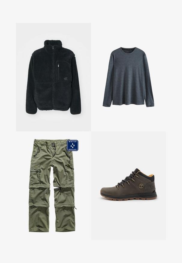 Schwarze Fleecejacke mit hohem Kragen, durchgehendem Reißverschluss und einer Brusttasche. Verfügt über eine strukturierte, weiche Oberfläche und ein Logo auf der Tasche.; Langärmliges Shirt aus dunkelgrauem Melange-Stoff mit Rundhalsausschnitt und subtiler Textur. Einfaches Design ohne zusätzliche Muster oder Akzente.; Grüne, wasserabweisende Cargo-Hosen mit mehreren Reißverschlusstaschen, verstellbaren Bündchen und einem strapazierfähigen Stoff. Mit einem Logo-Patch auf der Vorderseite.; Braune Lederwanderschuhe mit schwarzen Akzenten. Mit runden Schnürsenkeln, gepolstertem Kragen und strukturierten Gummisohlen. Timberland-Logo an der Ferse.
