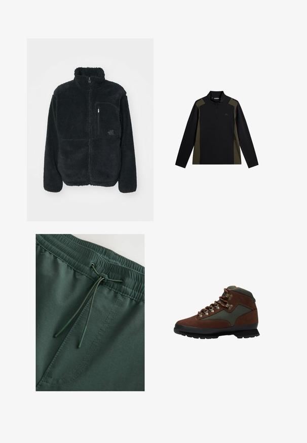Schwarze Fleecejacke mit hohem Kragen, durchgehendem Reißverschluss und einer Brusttasche. Verfügt über eine strukturierte, weiche Oberfläche und ein Logo auf der Tasche.; Langärmliger Pullover in Schwarz und Olivgrün mit einem kurzen Frontreißverschluss und kleinem Logo auf der Brust.; Dunkelgrüne Sweatshorts mit elastischem Bund und Kordelzug, glatte Textur und sichtbare Nähdetails. Schlichtes, funktionales Design.; Brauner und grüner Wanderschuh mit schwarzer Sohle, Metallösen und braunen Schnürsenkeln, seitlich auf weißem Hintergrund dargestellt.
