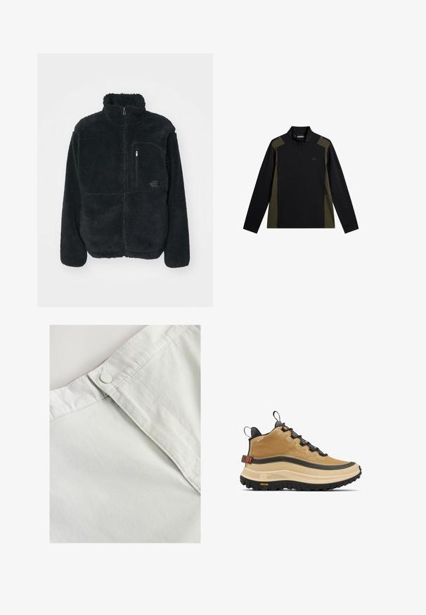 Schwarze Fleecejacke mit hohem Kragen, durchgehendem Reißverschluss und einer Brusttasche. Verfügt über eine strukturierte, weiche Oberfläche und ein Logo auf der Tasche.; Langärmliger Pullover in Schwarz und Olivgrün mit einem kurzen Frontreißverschluss und kleinem Logo auf der Brust.; Weißer Baumwollstoff mit einem Knopfverschluss in der Taille, versehen mit feiner Textur und genähten Details entlang der Nähte.; Beige Sneaker mit hohem Schaft und strukturierter Oberfläche, markanter schwarzer Außensohle und orangen Akzenten. Mit Schnürsystem und gepolstertem Kragen für Halt.