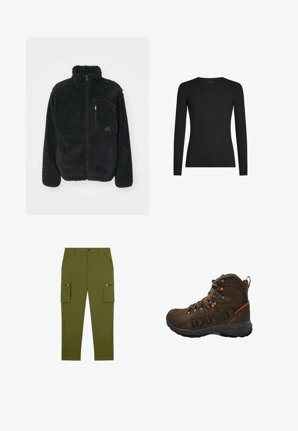 Zwarte fleecejack met hoge kraag, volledige ritssluiting en borstzak. Heeft een gestructureerd, zacht oppervlak en een logo op de zak.; Zwart, aansluitend shirt met lange mouwen en ronde hals, met subtiel Icebreaker-logo op de linker mouw, weergegeven op een witte achtergrond.; Olijf groene cargobroek met een rechte pasvorm, gemaakt van lichtgewicht stof; heeft zijzakken met ritsen en schuine voorkzakken.; Chiruca Veterboots - khaki
