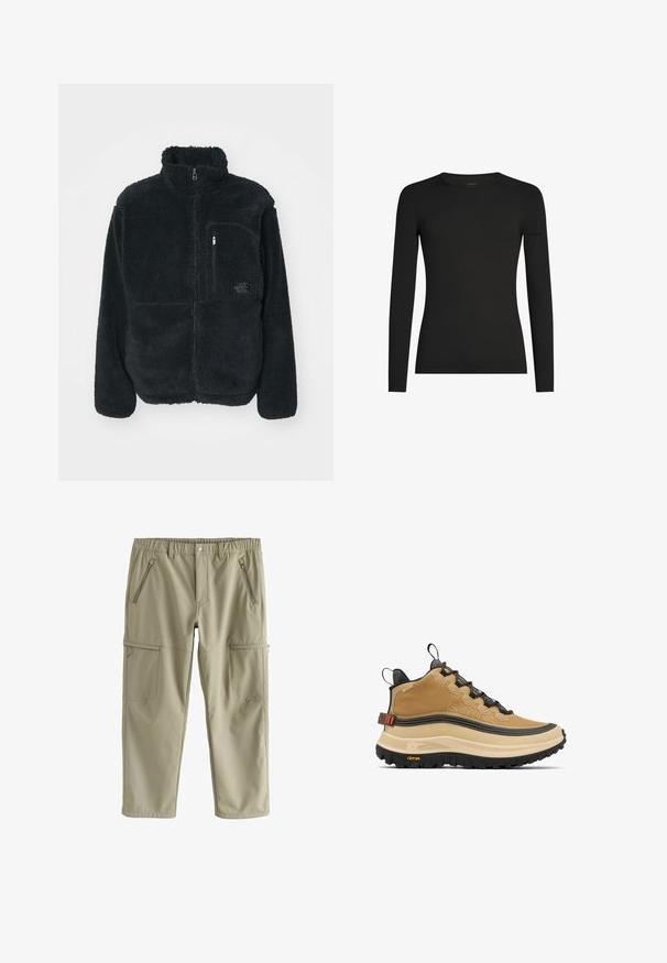 Schwarze Fleecejacke mit hohem Kragen, durchgehendem Reißverschluss und einer Brusttasche. Verfügt über eine strukturierte, weiche Oberfläche und ein Logo auf der Tasche.; Schwarzes, langärmeliges, figurbetontes T-Shirt mit Rundhalsausschnitt und dezentem Icebreaker-Logo auf dem linken Ärmel, dargestellt vor weißem Hintergrund.; Kniehohe Cargo-Hose in Hellbeige aus glattem Stoff. Sie verfügt über zwei vordere Reißverschlusstaschen und zwei seitliche aufgesetzte Taschen.; Beige Sneaker mit hohem Schaft und strukturierter Oberfläche, markanter schwarzer Außensohle und orangen Akzenten. Mit Schnürsystem und gepolstertem Kragen für Halt.
