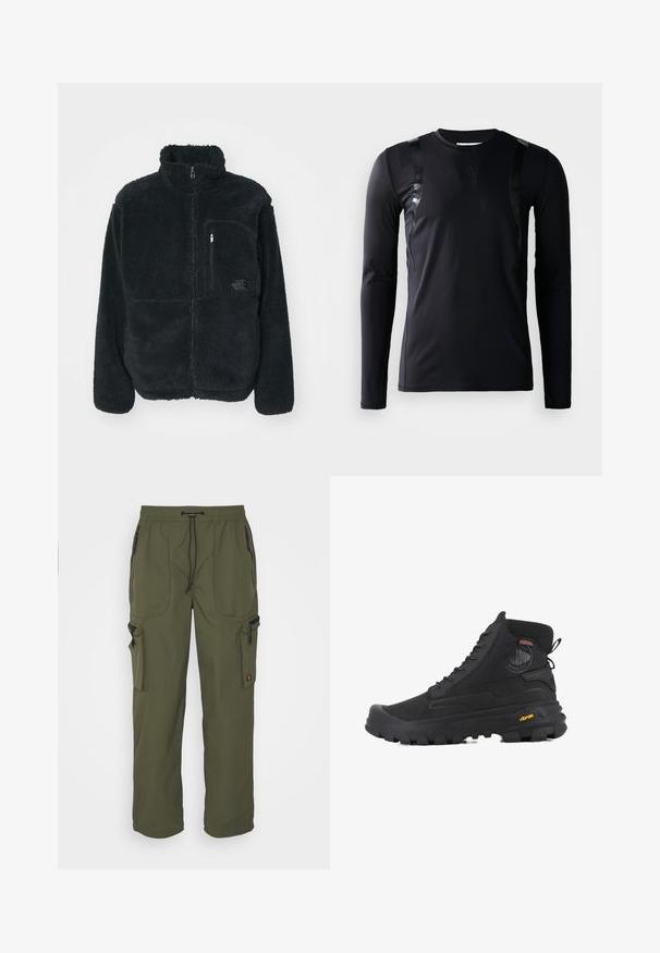 Schwarze Fleecejacke mit hohem Kragen, durchgehendem Reißverschluss und einer Brusttasche. Verfügt über eine strukturierte, weiche Oberfläche und ein Logo auf der Tasche.; Schwarzes, langärmliges Sportshirt aus glattem, dehnbarem Stoff. Verfügt über glänzende schwarze Akzente an den Schultern und ein Adidas-Logo auf der Brust.; Olivgrüne Cargo-Hosen aus leichtem Material mit elastischem Bund, Kordelzug und mehreren Reißverschlusstaschen.; Schwarze hohe Stiefel mit strukturierten Oberflächen, ausgestattet mit einem wasserdichten Design, Schnürsystem und einer ausgeprägten Gummisohle mit Vibram-Branding.