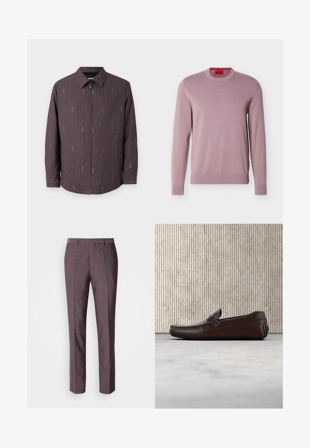 Chaqueta marrón con rayas verticales y un patrón sutil. Con cierre frontal y un cuello clásico. Fabricada con tejido texturizado.; Suéter lavanda de manga larga y cuello redondo con puños y dobladillo acanalados, que presenta un logo en relieve "HUGO" en el pecho y una etiqueta de marca roja en el interior del cuello.; Pantalones de hombre a medida en un tono púrpura apagado, con una textura suave, diseño de pierna recta y plisados frontales para un detalle adicional.; Mocasines de cuero marrón con un acabado suave, costura al estilo mocasín, puntera elevada y una suela de goma baja y flexible.