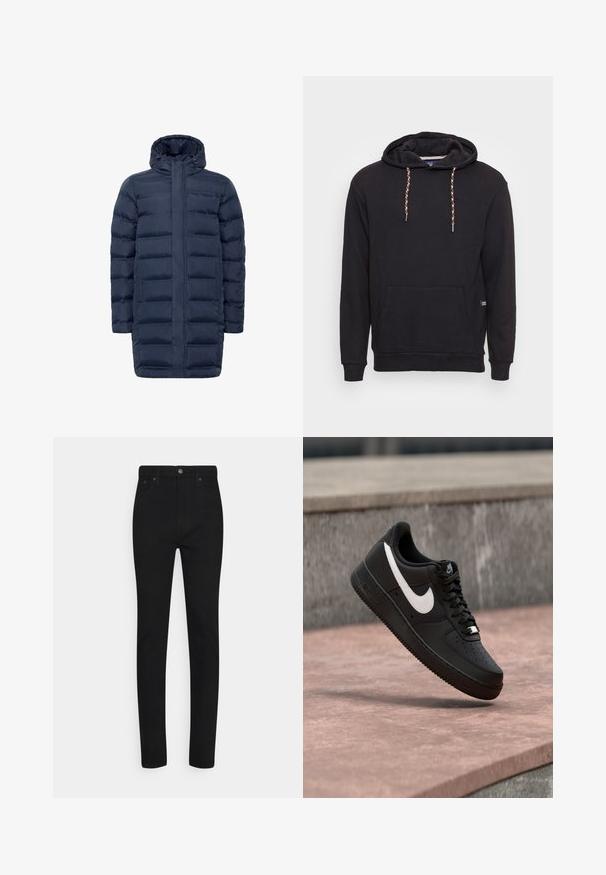 Marine blauwe pufferjas met een doorgestikt ontwerp, volledige ritsenclosure en verstelbare capuchon. Inclusief zijzakken en een langere silhoutte voor extra bedekking.; Zwarte hoodie met gevlochten koordjes, voorzak, geribde manchetten en zoom, zachte stof textuur, minimale merkvoering.; Zwarte denim skinny jeans met een hoge taille, voorzien van een knoopsluiting aan de voorkant en vijf zakken. Gladde textuur en nauwsluitende pasvorm.; Zwarte Nike Air Force 1 sneaker met wit swoosh-logo zwevend boven een stenen oppervlak en een grijze, getextureerde muur op de achtergrond.