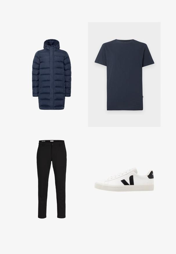 Marine blauwe pufferjas met een doorgestikt ontwerp, volledige ritsenclosure en verstelbare capuchon. Inclusief zijzakken en een langere silhoutte voor extra bedekking.; Effen donker marineblauw T-shirt met korte mouwen en ronde hals, met een klein wit SELECTED-merklabel binnenin de kraag.; Zwart slim-fit broek met riemlussen, voorsluiting met knoop en rits, weergegeven tegen een witte achtergrond.; Witte leren sneaker met zwarte suède accenten; voorzien van een rubberen zool, ronde neus en een klassieke vetersluiting. Zijkant met logo in het zwart.