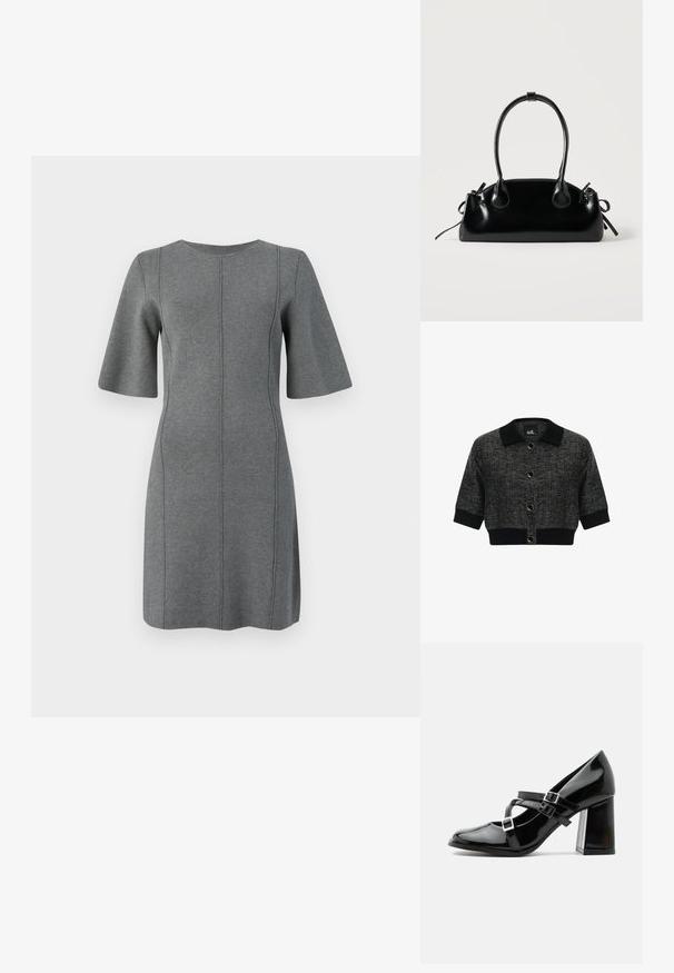Cardigan negro corto con un cuello estructurado, botones circulares y tejido texturizado. Las mangas acortadas y un dobladillo negro sólido completan el diseño.; Vestido de punto gris con mangas cortas en forma de campana, escote redondo y costuras verticales. Textura suave y diseño hasta la rodilla.; Zapato de tacón alto estilo Mary Jane negro brillante con tres tiras con hebillas y un tacón de bloque grueso, mostrado de perfil sobre fondo blanco.; Pequeño bolso negro brillante con dos asas largas y detalles de cordón lateral sobre un fondo claro liso.