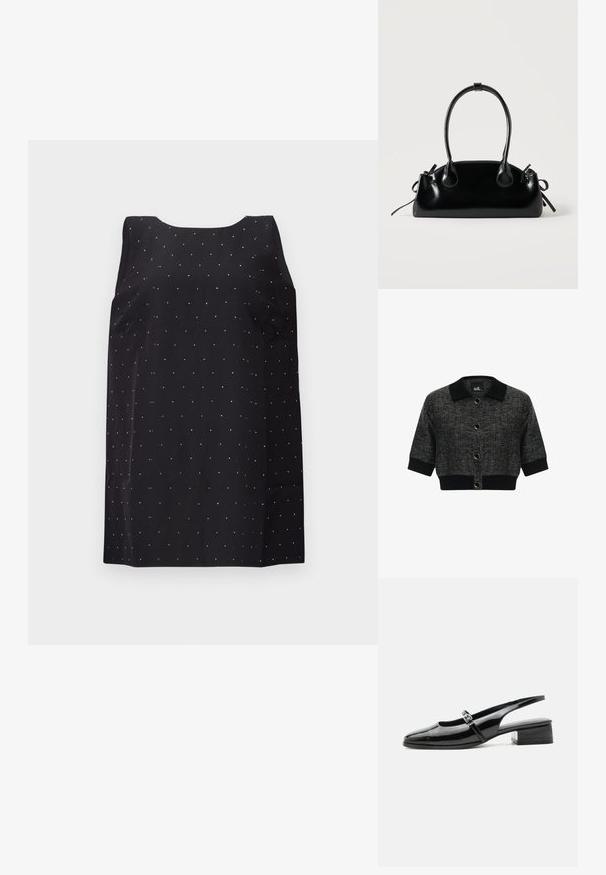 Kurzer schwarzer Cardigan mit einem strukturierten Kragen, runden Knöpfen und strukturiertem Stoff. Verkürzte Ärmel und ein einfarbiger schwarzer Saum runden das Design ab.; Schwarzes ärmelloses Kleid mit rundem Ausschnitt, das ein verstreutes Muster aus kleinen, glänzenden silbernen Punkten auf dem Stoff zeigt.; Schwarzer Slingback-Schuh aus Lackleder mit niedrigem Blockabsatz und dünnem Riemen mit silberner Schnalle oben.; Kleine schwarze glänzende Handtasche mit zwei langen Griffen und seitlichen Kordelzug-Details vor einfachem hellem Hintergrund.