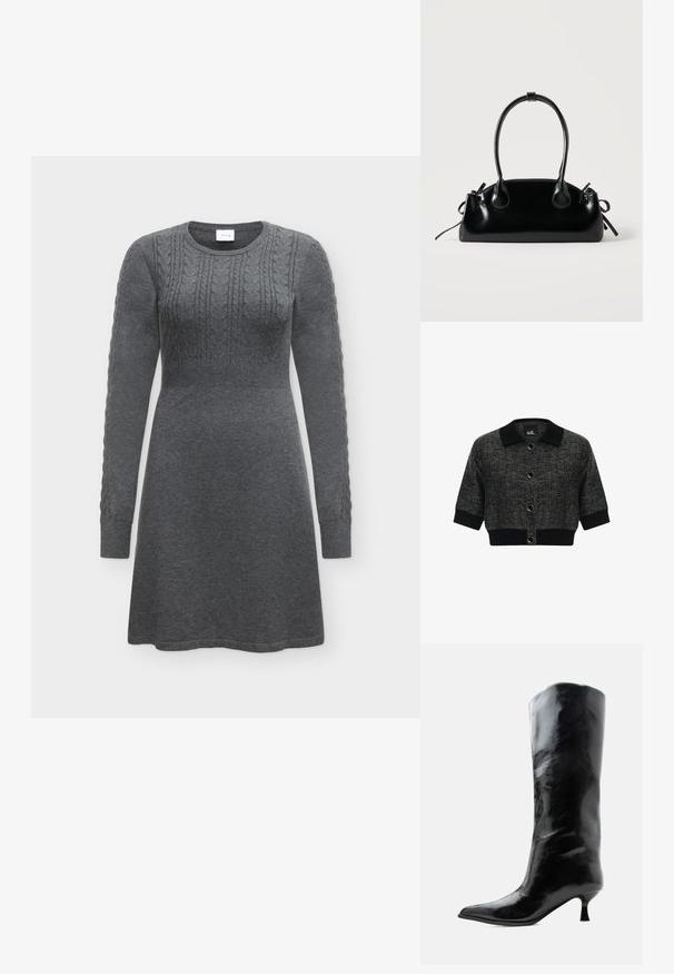 Kurzer schwarzer Cardigan mit einem strukturierten Kragen, runden Knöpfen und strukturiertem Stoff. Verkürzte Ärmel und ein einfarbiger schwarzer Saum runden das Design ab.; Dunkelgraues, langärmliges Strickkleid mit Zopfmuster auf Brust und Ärmeln, rundem Ausschnitt und leicht ausgestelltem Rock.; Schwarzer glänzender kniehoher Lederstiefel mit spitzer Spitze und niedrigem, gebogenem Absatz auf einfachem hellem Hintergrund.; Kleine schwarze glänzende Handtasche mit zwei langen Griffen und seitlichen Kordelzug-Details vor einfachem hellem Hintergrund.