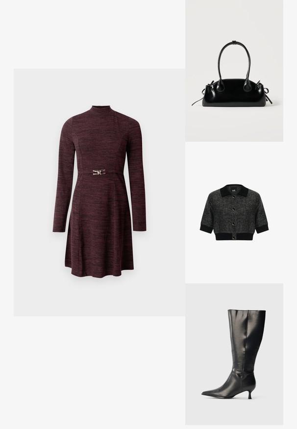 Kurzer schwarzer Cardigan mit einem strukturierten Kragen, runden Knöpfen und strukturiertem Stoff. Verkürzte Ärmel und ein einfarbiger schwarzer Saum runden das Design ab.; Bordeauxfarbenes Langarmkleid mit hochgeschlossenem Ausschnitt, tailliertem Bereich und schwingendem Rock, versehen mit einem metallischen Akzent in der Taille. Strukturiertes Material.; Schwarzer kniehoher Lederstiefel mit spitzer Zehenpartie und niedrigem Kittenabsatz, präsentiert vor einem schlichten hellen Hintergrund.; Kleine schwarze glänzende Handtasche mit zwei langen Griffen und seitlichen Kordelzug-Details vor einfachem hellem Hintergrund.