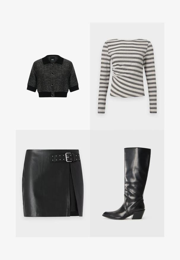 Kurzer schwarzer Cardigan mit einem strukturierten Kragen, runden Knöpfen und strukturiertem Stoff. Verkürzte Ärmel und ein einfarbiger schwarzer Saum runden das Design ab.; Langarmoberteil mit horizontalem Streifenmuster in Schwarz und Weiß, aus strukturiertem Stoff und mit Raffung an der Seite.; Schwarzer Kunstleder-Minikilt mit verstellbarem Gürtel, der über eine silberne Schnalle und Nieten verfügt. Vorderes Wickeldesign und glatte Textur.; Schwarze Leder-Stiefel bis zum Knie mit spitzem Zeh, angularer Ferse und glatter Textur. Verfügt über einen dezenten gesteppten Akzent an der Seite.