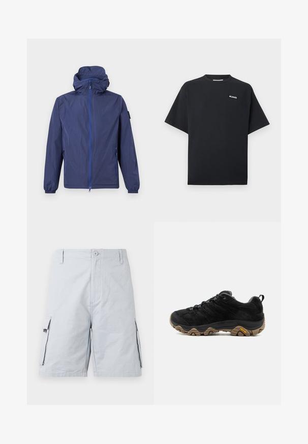 Veste légère à capuche bleu marine avec fermeture éclair complète sur le devant, deux poches latérales zippées, poignets élastiques et une petite écusson sur la manche gauche.; T-shirt noir à manches courtes avec petit logo blanc Columbia sur le haut gauche de la poitrine, col rond et coupe décontractée.; Shorts cargo pour hommes gris clair, avec fermeture à bouton, passants pour ceinture et poches à rabat de chaque côté.; Chaussure de randonnée noire avec semelle Vibram marron robuste, dessus en mesh et en daim, design à lacets et languette arrière, vue de côté extérieur.