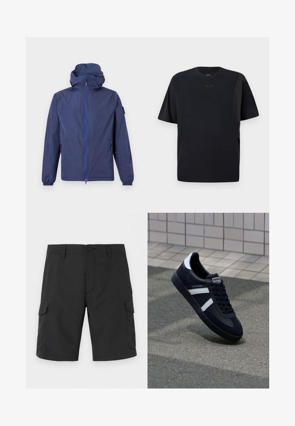Veste légère à capuche bleu marine avec fermeture éclair complète sur le devant, deux poches latérales zippées, poignets élastiques et une petite écusson sur la manche gauche.; T-shirt noir à manches courtes en tissu lisse, avec un design asymétrique et un petit logo sur la poitrine.; Short cargo noir longueur genou avec passants de ceinture, fermeture à boutons, poches avant et poches à rabat des deux côtés.; Sneaker en cuir noir avec des rayures blanches, semelle en caoutchouc texturée et devant à lacets. Présente une étiquette de marque sur la languette.