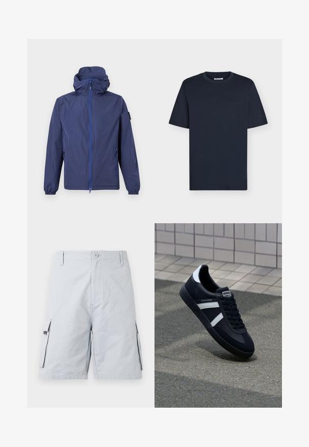 Veste légère à capuche bleu marine avec fermeture éclair complète sur le devant, deux poches latérales zippées, poignets élastiques et une petite écusson sur la manche gauche.; T-shirt bleu marine à manches courtes et col rond avec un détail de texte subtil sur la poitrine, présenté sur un fond clair uni.; Shorts cargo pour hommes gris clair, avec fermeture à bouton, passants pour ceinture et poches à rabat de chaque côté.; Sneaker en cuir noir avec des rayures blanches, semelle en caoutchouc texturée et devant à lacets. Présente une étiquette de marque sur la languette.