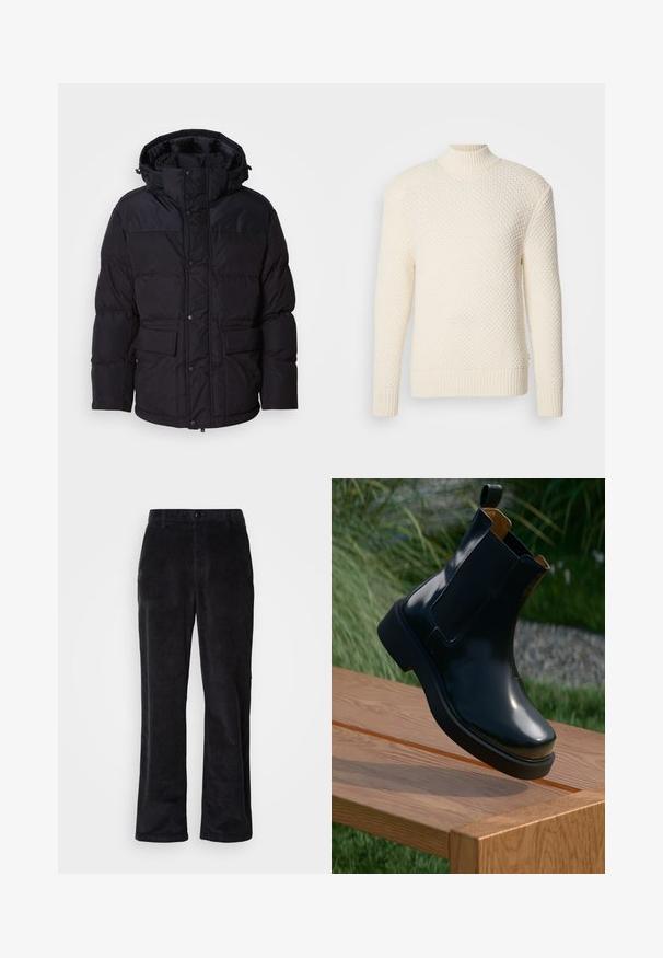 Schwarze Pufferjacke mit Kapuze, ausgestattet mit einem Reißverschluss und Druckknopfverschluss, zwei Fronttaschen und Steppstruktur.; Cremfarbener, strukturierter Strickpullover mit langen Ärmeln und einem gerippten Stehkragen, Bündchen und Saum auf einem weißen Hintergrund.; Cordhosen in dunklem Schwarz mit geradem Bein, ausgestattet mit Knopfverschluss, Gürtelschlaufen und Seitentaschen für funktionalen Gebrauch.; Schwarze Leder-Chelsea-Stiefel mit glatter Oberfläche, elastischen Seitenpaneelen, abgerundeter Zehenform und dicke Gummisohle, die über einer Holzoberfläche platziert sind.