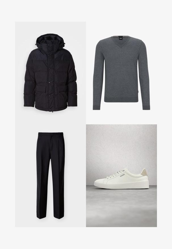 Sort pufferjakke med hætte, der har lynlås og trykknaplukning, to forlommer og quiltet overflade.; Grå V-udskæring sweater lavet af blødt stof, med lange ærmer og ribbestrikket kant og manchetter. Mærket viser "BOSS" ved halsudskæringen.; Sorte skræddersyede bukser med lige snit, foldet forstykke og sidelommer. Fremstillet af et glat, let stof med et ensartet mønster.; Hvid lav sneaker med snørebånd og beige hælflap med mærket "HUGO," svævende over en poleret betonflade nær en glasblokvæg.