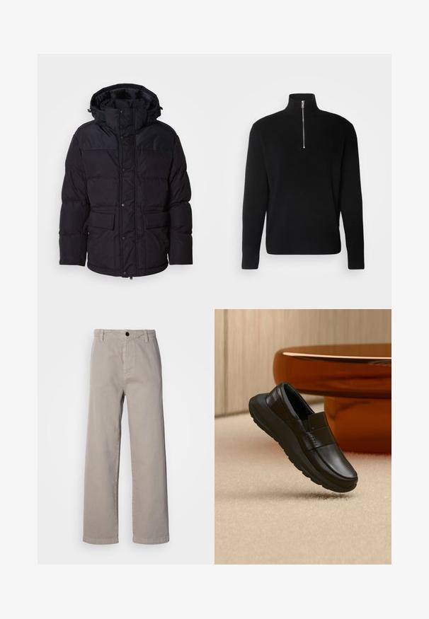 Sort pufferjakke med hætte, der har lynlås og trykknaplukning, to forlommer og quiltet overflade.; Lindbergh HALF ZIP RIB KNIT - Striktrøje - black; Beige vide bukser lavet af blødt bomuld, med en knaplukning og bæltestropper. Glat tekstur med et rent, minimalistisk design.; Sort læderloafer med tyk sål, vist over beige tæppe og nær en rund bordfod i ravfarve.