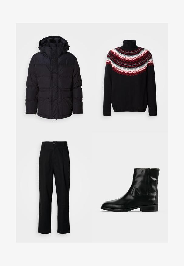Doudoune noire avec capuche, dotée d'une fermeture à zip et à boutons-pression, de deux poches avant et d'une texture matelassée.; Pull en col roulé noir avec un motif nordique rouge, blanc et gris sur les épaules et la poitrine, présentant des poignets et un ourlet côtelés.; Pantalons noirs à jambes droites avec une taille à bouton, passants de ceinture et pli avant, présentés sur un fond blanc uni.; Bottine en cuir noir avec un petit talon et une fermeture éclair latérale, présentée sur un fond gris clair uni.