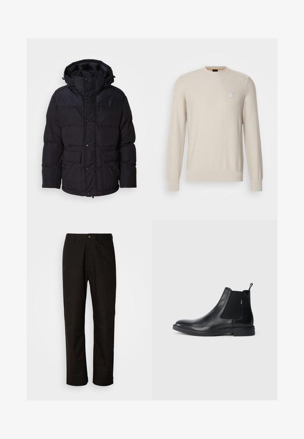 Sort pufferjakke med hætte, der har lynlås og trykknaplukning, to forlommer og quiltet overflade.; Lys beige sweater lavet af struktureret stof. Har en rund hals, lange ærmer og et lille firkantet logo på brystet.; Sorte bomuldsbukser med lige pasform, bæltestropper, lynlås foran og en enkelt knappelukning. Glat tekstur uden synlige mønstre.; Sorte læder Chelsea støvler med elastiske sidepaneler, en pull-tab og en flad gummisål. Glat tekstur med minimal detaljer.
