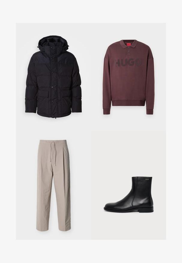 Sort pufferjakke med hætte, der har lynlås og trykknaplukning, to forlommer og quiltet overflade.; Langærmet mørkebrun polo-sweatshirt med ribkant ved ærmerne, to knapper ved kraven og "HUGO" trykt på brystet.; Beige teksturerede bukser med snøre, lige ben og elastik i taljen, vist på hvid baggrund.; Sort læderankelstøvle med lav hæl, sidesyning og lille "HUGO" logo på den øverste manchet mod en ensfarvet baggrund.