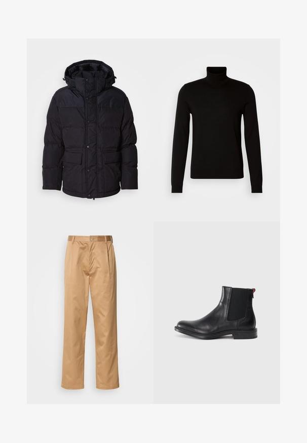 Sort pufferjakke med hætte, der har lynlås og trykknaplukning, to forlommer og quiltet overflade.; Sort turtleneck sweater lavet af et fint strikket stof, der har lange ærmer og en tætsiddende silhuet. Glat tekstur med ribbede manchetter.; Khaki bukser, blanding af bomuld, lige ben-design, frontfald, bæltesløjfer og knaplukning. Glat tekstur uden mønstre.; Sort læder Chelsea-støvle med elastiske sidepaneler, afrundet tå og lav, stablet hæl. Har en rød løftestrop og subtil branding på siden.
